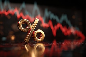 A golden percentage symbol sits before blurred financial data lines