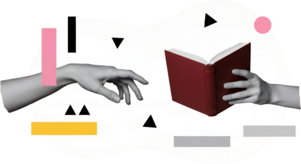 Abstract collage depicting hands exchanging an open book amidst geometric shapes and pastel rectangles representing knowledge transfer and creativity art
