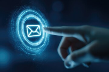 A finger presses a glowing email symbol, symbolizing sending a message. Digital concept