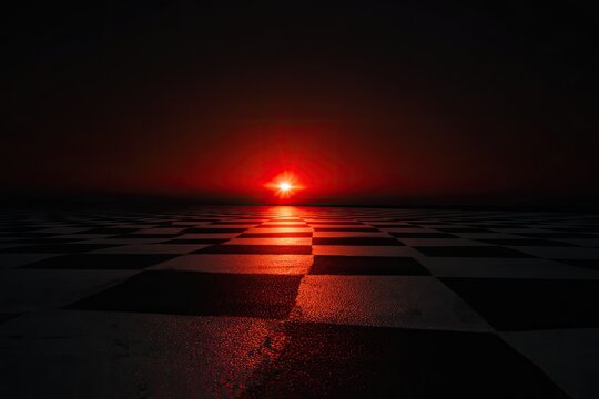 A sunset over a chessboard, dark tones with sun reflection on the grid