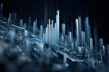 Abstract cityscape with glowing pillars and digital networks against a dark background