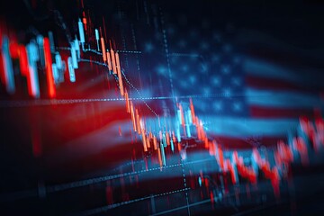 Graphic of stock market candlestick chart overlaid on an out-of-focus image of the U.S. flag