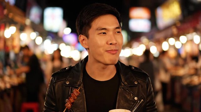 Young Man Enjoying Street Food at Night Market with Bright Lights