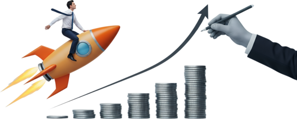 Businessman riding rocket ship ascends rising graph with stacks of coins hand drawing growth arrow collage art finance success strategy money achievement
