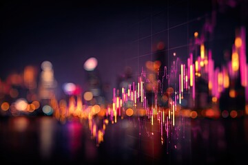 Abstract financial data visualization overlayed on blurred nighttime cityscape, representing market trends
