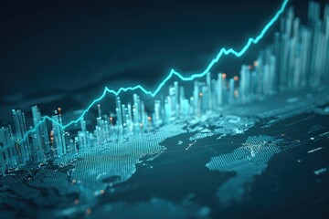 Digital representation of global financial trends with an upward trending line above a 3D world map