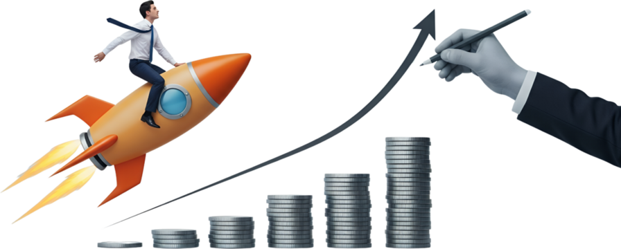 Businessman riding rocket ship ascends rising graph with stacks of coins hand drawing growth arrow collage art finance success strategy money achievement