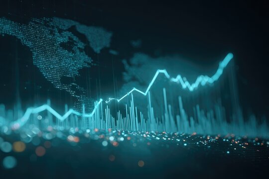 Digital representation of global financial growth. A rising blue line on a dark background - Powered by Adobe