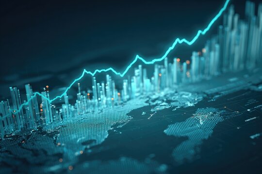 Digital representation of global financial trends with an upward trending line above a 3D world map - Powered by Adobe