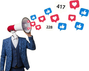A person in a suit holds a megaphone from which stylized social media icons like thumbs up and hearts emanate symbolizing communication and engagement
