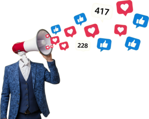 A person in a suit holds a megaphone from which stylized social media icons like thumbs up and hearts emanate symbolizing communication and engagement