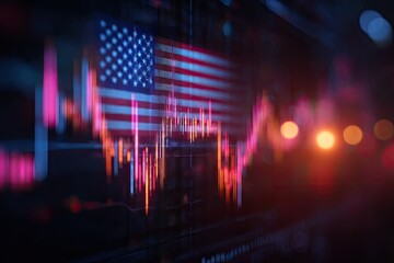 Composite image combining a US flag with a stock market graph. Blurred lights are in the background