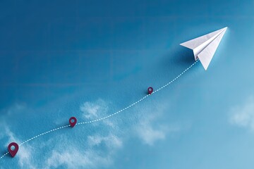 A paper airplane flies along a dotted path over blue, with pins marking destinations