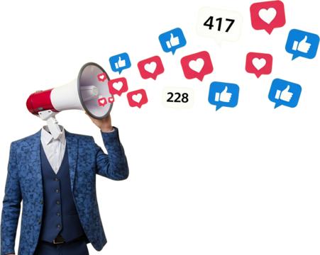 A person in a suit holds a megaphone from which stylized social media icons like thumbs up and hearts emanate symbolizing communication and engagement