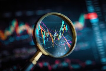 Magnifying glass highlighting colorful financial charts against a blurred dark background