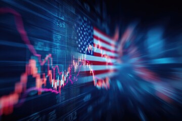 Dramatic image of U.S. flag blurred with a stock market graph against a dark blue backdrop