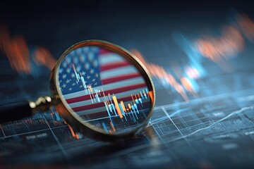 A golden magnifying glass reveals the US flag atop a financial chart with fluctuating data