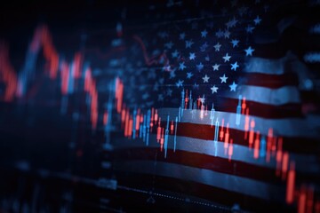 Economic downturn concept with chart over US flag. Focus on decline, in red and blue