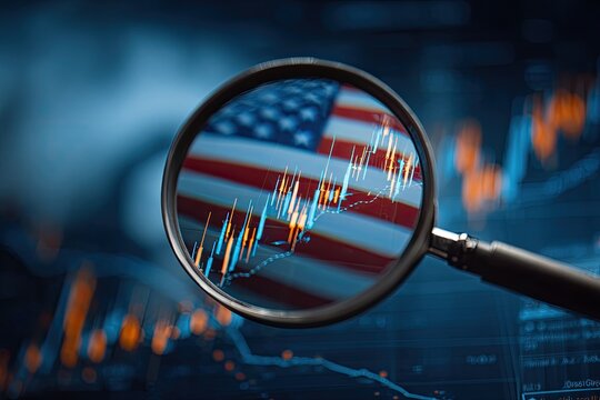A magnifying glass over the US flag and a stock chart. Financial market concept