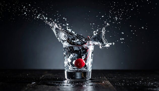 A clear shot glass with a cherry submerged inside, causing water to splash dramatically against a dark backdrop