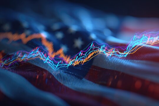 Artistic depiction of financial data superimposed over the United States flag, wave detail