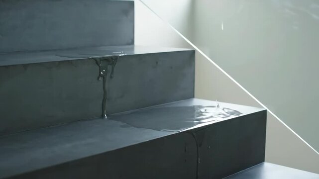 Water Droplet Falling on Sleek Modern Staircase Surface