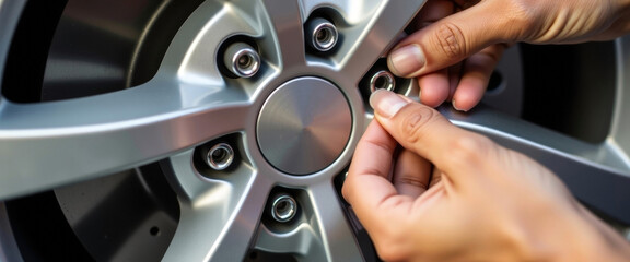 Hands fixing car wheel with lug wrench close up of silver alloy rim and nuts
