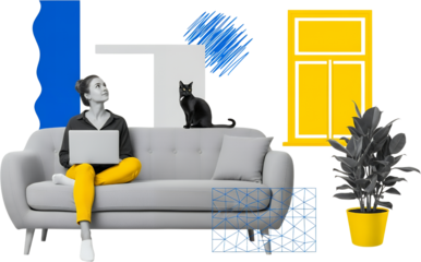 A young woman with a laptop sits on a sofa with a black cat nearby next to graphic elements a window and a potted plant collage art couch home indoor technology