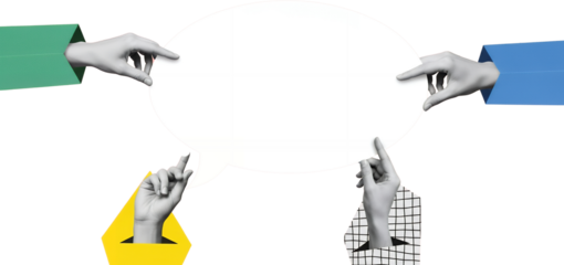 Four diverse hands support a large white speech bubble symbolizing communication and idea sharing transparent background collage art dialogue teamwork