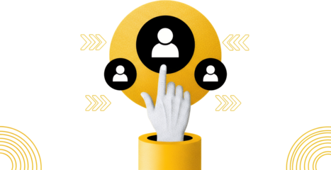 Graphic illustration of a hand selecting one person from a group of three people with abstract arrow and circle design elements collage art selection choice