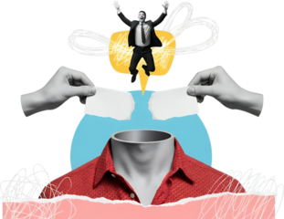 A man in a suit jumps triumphantly from an empty head held by hands tearing paper from below a red collared shirt collage art success achievement victory