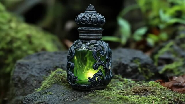 Ornate bottle with glowing green liquid against a natural backdrop