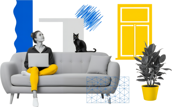 A young woman with a laptop sits on a sofa with a black cat nearby next to graphic elements a window and a potted plant collage art couch home indoor technology