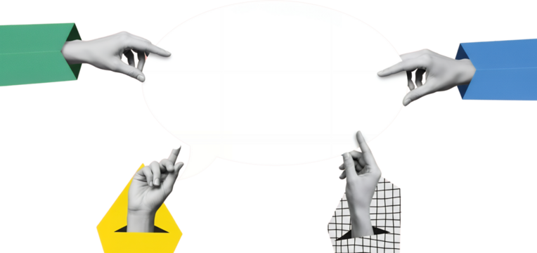 Four diverse hands support a large white speech bubble symbolizing communication and idea sharing transparent background collage art dialogue teamwork