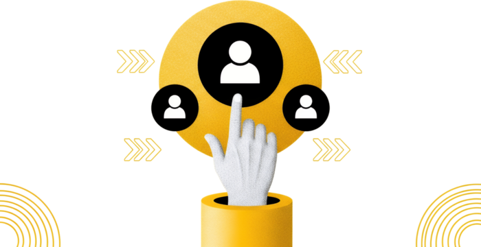 Graphic illustration of a hand selecting one person from a group of three people with abstract arrow and circle design elements collage art selection choice