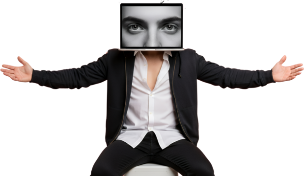 Person with a laptop displaying a close up of eyes as a head with arms outstretched collage art technology concept digital screen abstract modern connection