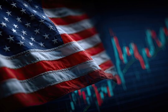 American flag waving with a blurred financial graph in the background, illustrating market fluctuations - Powered by Adobe