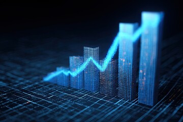 Digital image of a 3D bar graph with an upward trending line, on a dark-blue grid