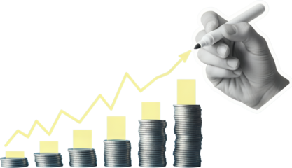 Stacks of coins show upward trend with yellow chart line a hand draws an arrow with marker signifying growth and financial success collage money graph