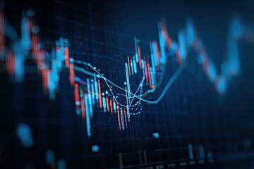 Close-up of a digital financial chart with fluctuating lines and color-coded bars