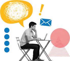 Young man with thoughtful expression working on laptop surrounded by abstract graphics depicting communication and ideas collage art technology online