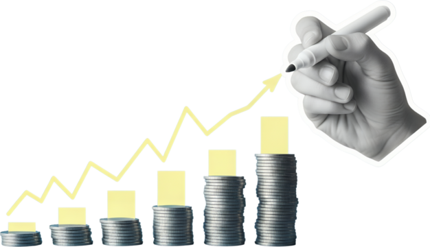 Stacks of coins show upward trend with yellow chart line a hand draws an arrow with marker signifying growth and financial success collage money graph