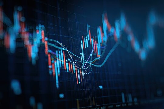 Close-up of a digital financial chart with fluctuating lines and color-coded bars