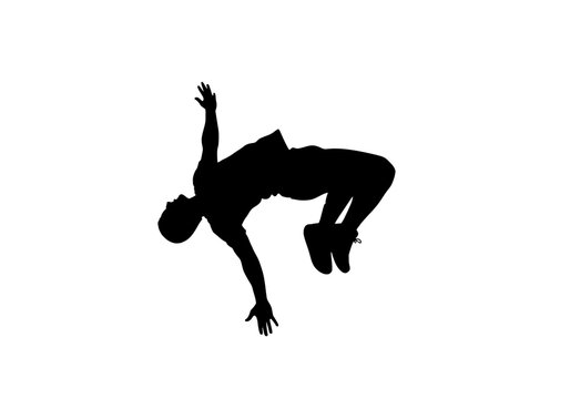 Dynamic male athlete silhouette vector performing an acrobatic backflip or somersault isolated on a clean white background