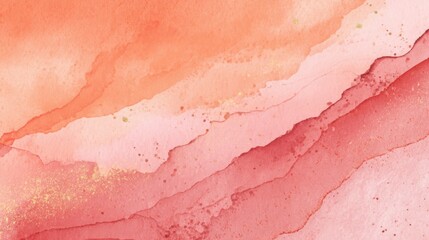 A beautiful abstract watercolor background with layered washes of pink red and orange paint splattered with elegant gold flecks
