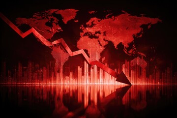 Global economy graphic depicts downturn, red arrow falling, with world map backdrop. Reflective surface
