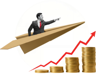 Businessman in a suit rides a paper airplane forward symbolizing progress with stacked coins and an upward trending graph collage art growth success finance