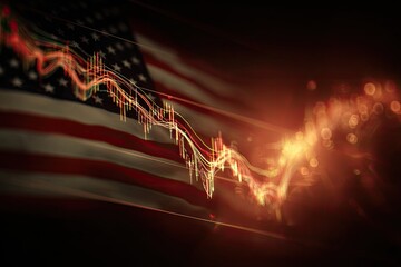 Abstract depiction using financial data lines layered over an American flag. Dark background