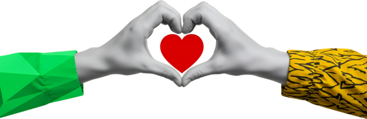 Two Hands Creating A Red Heart Symbol One Hand Wearing A Green Geometric Pattern Garment And The Other A Yellow Abstract Pattern Garment Against A Transparent Background