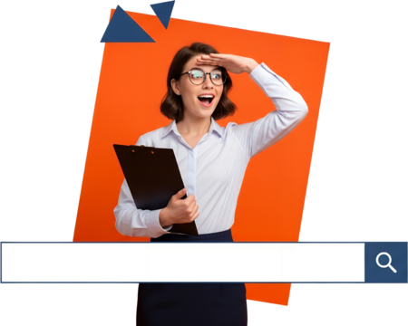Excited young woman with glasses holding a clipboard looks into the distance with hand shading eyes set against an orange background with geometric shapes